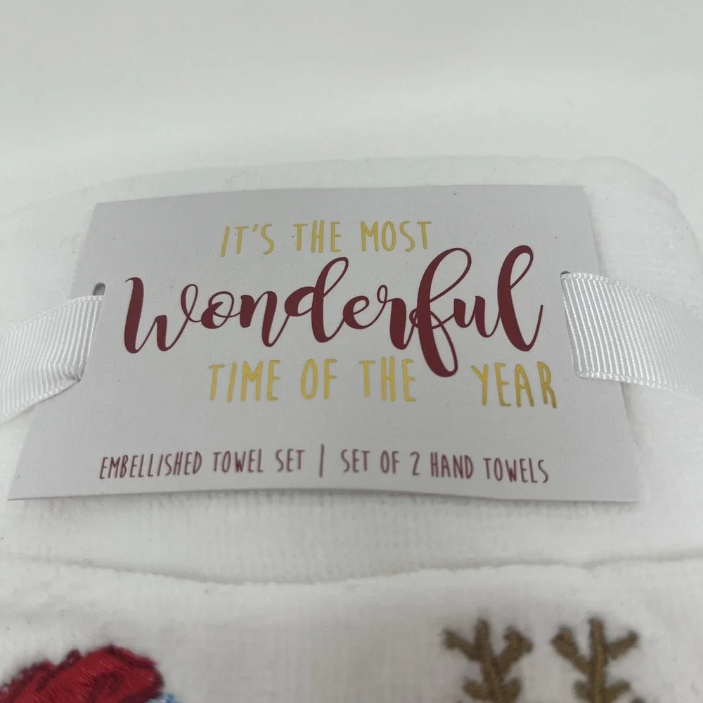 Christmas Cat Stocking Hand Towels Set 2 White Embroidered Holiday Decor NWT